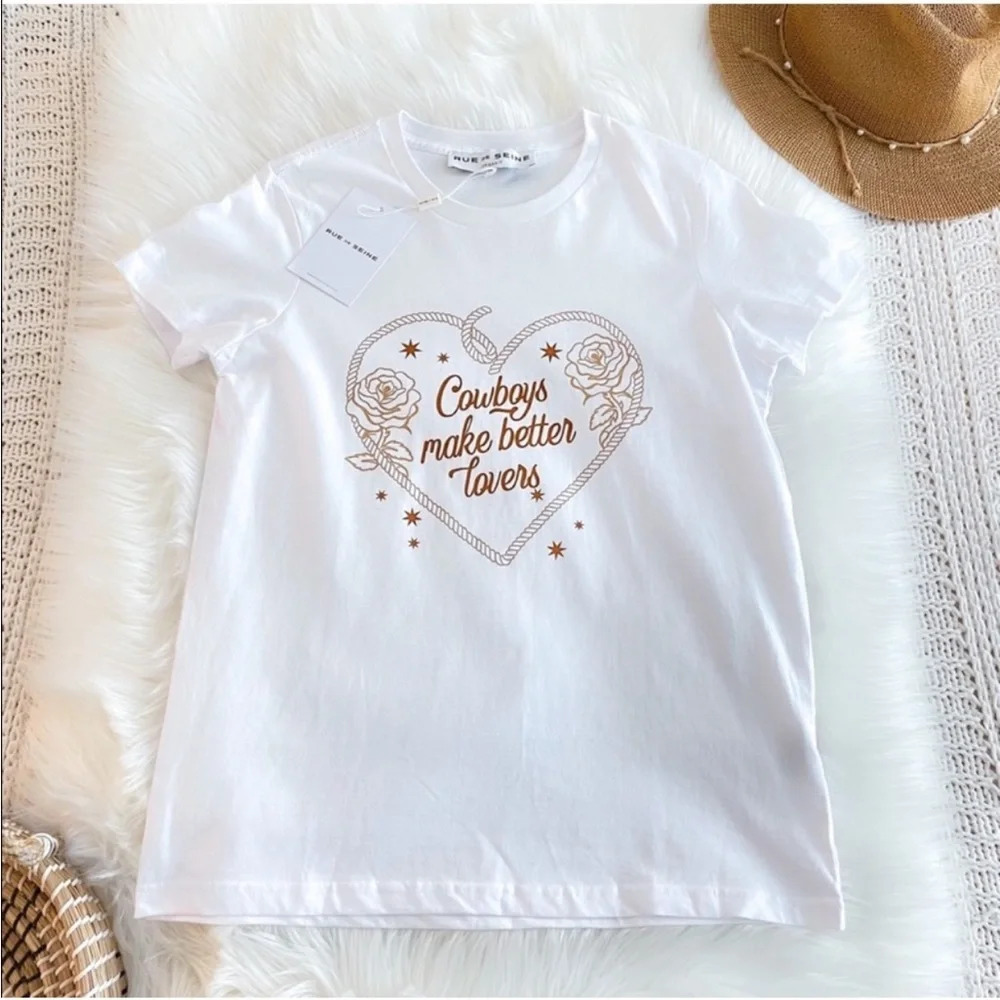 Rue De Seine Cowboys Make Better Lovers Tee White Brown Bridal Crewneck Nwt S — image 5 of 8